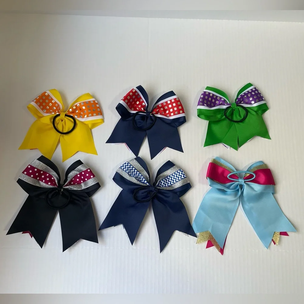 6 Piece 7” and 6”  inch Pony Tail Cheer Bows Chevron Glitter Polka Dot Checkered